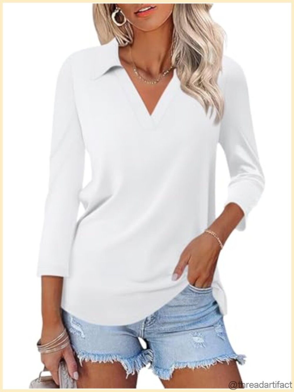 Womens 3/4 Sleeve V Neck Collared Polo Top Business Casual Blouse